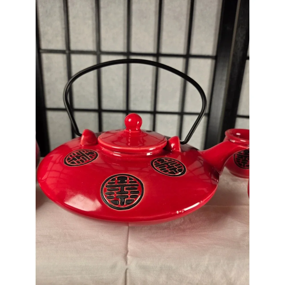 Red Double Happiness Ceramic Tea Set Teapot and 4 Cups Chinese Wedding Decor